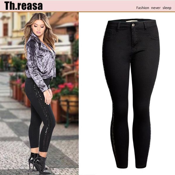 women's jeans woman pants nine-point side sequins slim elastic beaded denim pencil, Blue 
women's jeans woman pants nine-point side sequins slim elastic beaded denim pencil, Blue