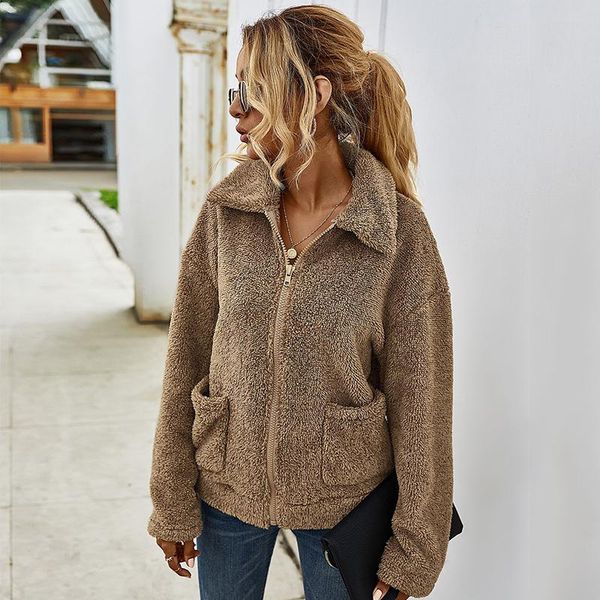 women's fleece jacket autumn winter solid turn down collar zipper ladies casual outerwear casual thick pocket female coats, Black;brown
women's fleece jacket autumn winter solid turn down collar zipper ladies casual outerwear casual thick pocket female coats, Black;brown