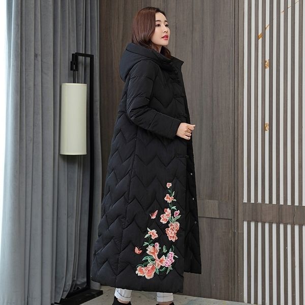 chinese style women's winter jacket x-long hooded with embroidery woman parkas plus size stand collar single breasted thick coat 201125, Black
chinese style women's winter jacket x-long hooded with embroidery woman parkas plus size stand collar single breasted thick coat 201125, Black