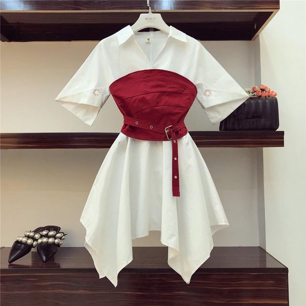 summer dress set women v neck irregular white shirt dress red corset belt asymmetry girdle women two piece set 2019 a054, Gray
summer dress set women v neck irregular white shirt dress red corset belt asymmetry girdle women two piece set 2019 a054, Gray