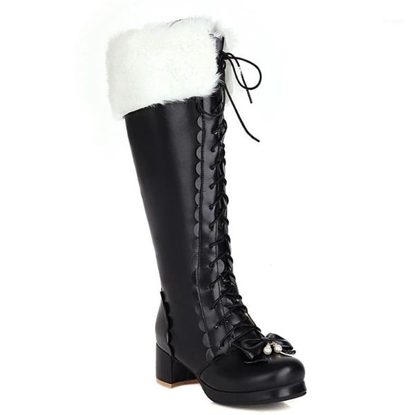 boots thick-heeled cross-laced lolita style women's with artificial fur trim and pearl embellished wavy knee-length boots1, Black
boots thick-heeled cross-laced lolita style women's with artificial fur trim and pearl embellished wavy knee-length boots1, Black