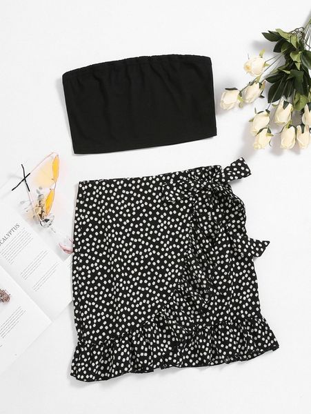 tube & ditsy floral print knot side ruffle trim wrap skirt a0iy#, White