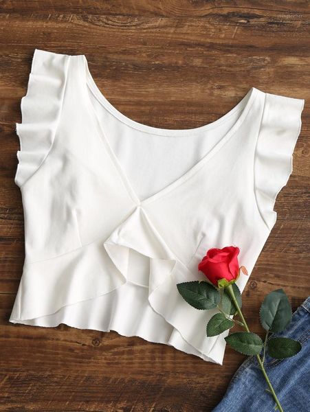 

women's tanks & camis zaful women ruffles cropped deep v-neck asymmetric hem tank casual summer solid female crop 2021 arrival, White