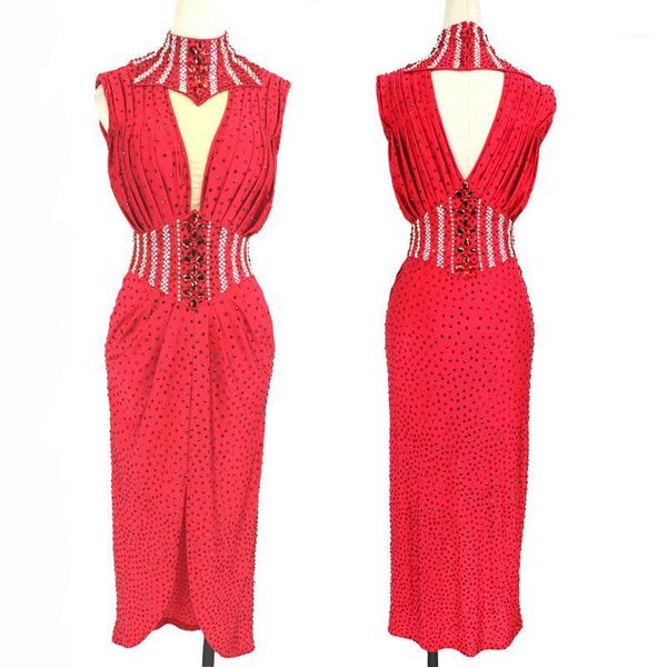 red latin dance dress full rhinestone high collar party singer performance ballroom dance competition dress stage costume bl45231, Black;red 
red latin dance dress full rhinestone high collar party singer performance ballroom dance competition dress stage costume bl45231, Black;red
