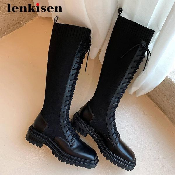 boots lenkisen motorcycle natural leather knitting platform square toe thick med heel lace up neutral punk knee-high l93, Black
boots lenkisen motorcycle natural leather knitting platform square toe thick med heel lace up neutral punk knee-high l93, Black