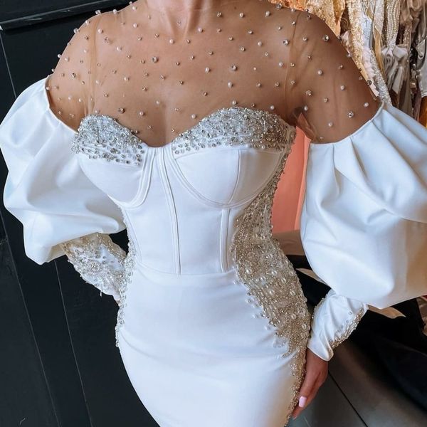elegant white mermaid prom dresses with pearls beading sheer neck long sleeve evening gowns heavy rhinestones special occasion dress, Black
elegant white mermaid prom dresses with pearls beading sheer neck long sleeve evening gowns heavy rhinestones special occasion dress, Black