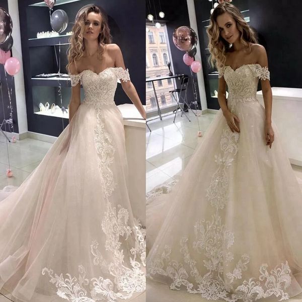 2021 soft summer beach wedding gowns off shoulder lace appliqued wedding dresses sweep train plus size bohemian tulle marriage dress, White
2021 soft summer beach wedding gowns off shoulder lace appliqued wedding dresses sweep train plus size bohemian tulle marriage dress, White