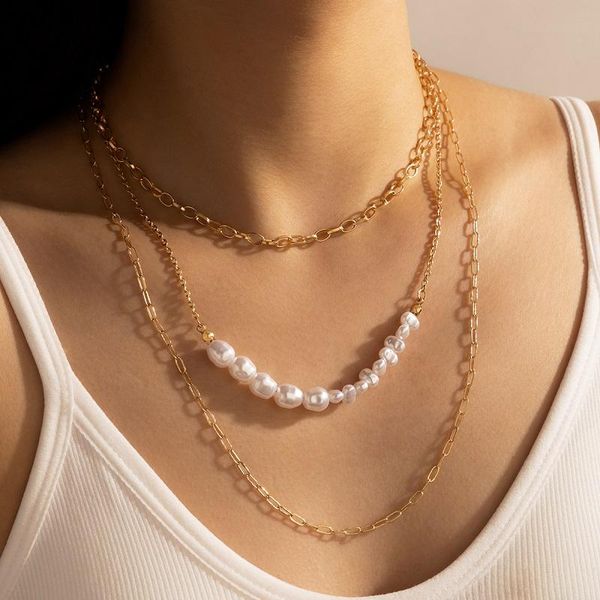 vintage irregular pearl necklace for women multilayer gold alloy cuban chains trendy jewelry party gift collar, Silver
vintage irregular pearl necklace for women multilayer gold alloy cuban chains trendy jewelry party gift collar, Silver