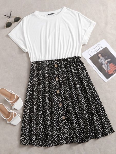 plus dalmatian print button front tee dress f44n#, Black 
plus dalmatian print button front tee dress f44n#, Black