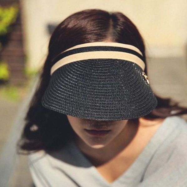 women summer open straw braided sun visor hat contrast color stripes metal bowknot decor clip-on brim sport cap 3 colors, Blue;gray
women summer open straw braided sun visor hat contrast color stripes metal bowknot decor clip-on brim sport cap 3 colors, Blue;gray
