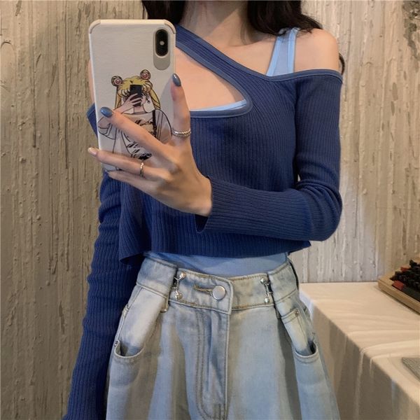 la4ff contrast coat color slim short fake two-piece long sleeve knitted shirt for women 2020 new machine slimming c9jeu autumn, White;black
la4ff contrast coat color slim short fake two-piece long sleeve knitted shirt for women 2020 new machine slimming c9jeu autumn, White;black