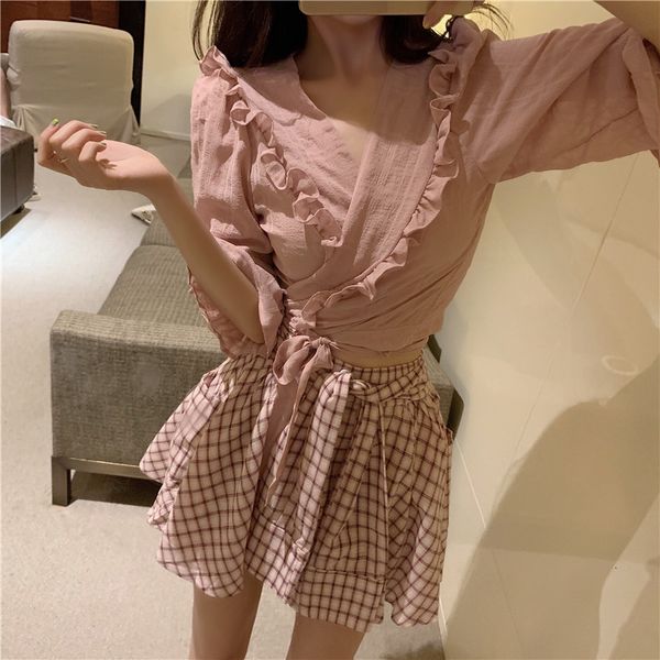 autumn 2020 new ruffle lace up shirt + plaid skirt pants 2-piece fashion suit for women
autumn 2020 new ruffle lace up shirt + plaid skirt pants 2-piece fashion suit for women
