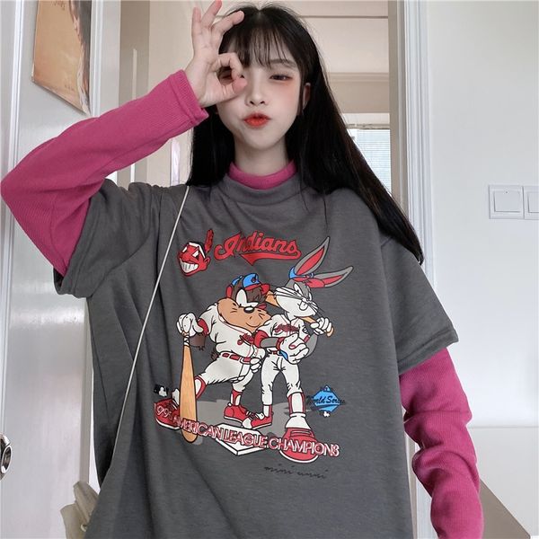 two pieces of fake medium length t-shirt autumn winter 2020 korean version versatile languid long sleeve cartoon dress for women t-shirt t-s, White
two pieces of fake medium length t-shirt autumn winter 2020 korean version versatile languid long sleeve cartoon dress for women t-shirt t-s, White