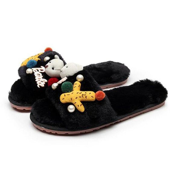 winter cute applique warm slippers women plush outdoor cotton shoes for women indoor furry slippers, Black