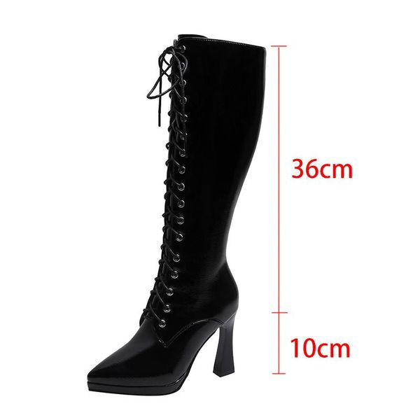 boots nice women patent leather knee high pointed toe super heels long woman winter warm lace up botas, Black
boots nice women patent leather knee high pointed toe super heels long woman winter warm lace up botas, Black