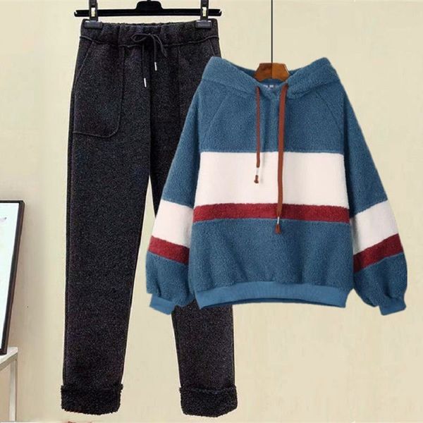 2021 new 2 piece of female fashion set winter plus velvet imitation lamb wool woman's sweater loose color matching suit pants yikx, Gray
2021 new 2 piece of female fashion set winter plus velvet imitation lamb wool woman's sweater loose color matching suit pants yikx, Gray