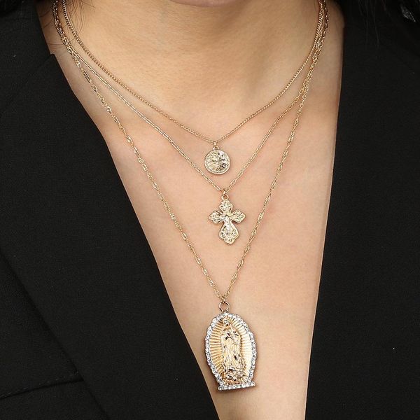 new arrival jewelry exaggerated portrait street punk style choker cross round pendant metal multilayer necklace necklace bridal for women, Silver
new arrival jewelry exaggerated portrait street punk style choker cross round pendant metal multilayer necklace necklace bridal for women, Silver