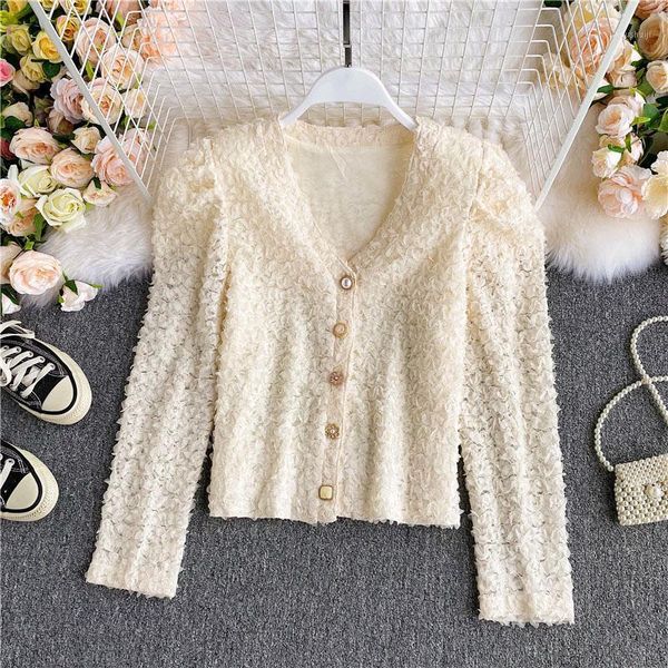 early autumn new french style retro v-neck bubble sleeve mesh lace chiffon shirt cardigan, White
early autumn new french style retro v-neck bubble sleeve mesh lace chiffon shirt cardigan, White