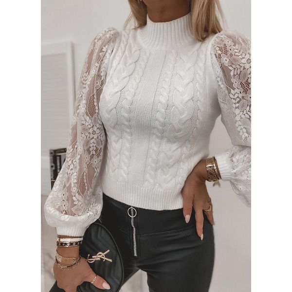women's sweaters autumn and winter fashion half high neck twist stitching lace lantern sleeve knitted sweater, White;black
women's sweaters autumn and winter fashion half high neck twist stitching lace lantern sleeve knitted sweater, White;black