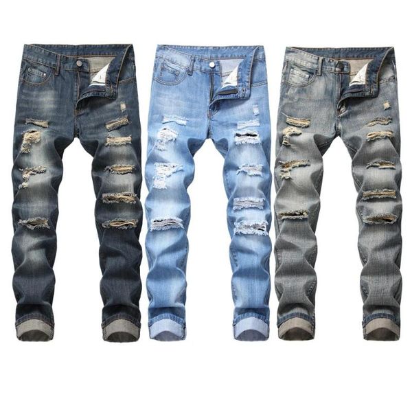 men's jeans ripped straight tube slim fit elastic multi ragged north american trousers, Blue
men's jeans ripped straight tube slim fit elastic multi ragged north american trousers, Blue