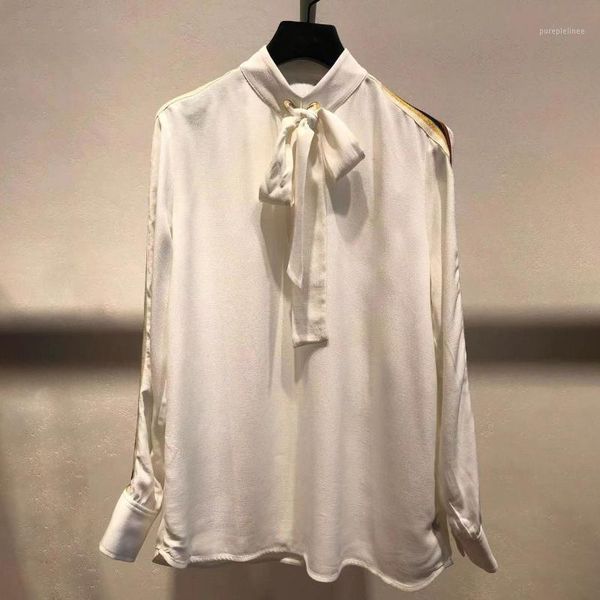 2019 autumn / winter new color matching striped lace bow high collar simple women's shirt1, White
2019 autumn / winter new color matching striped lace bow high collar simple women's shirt1, White