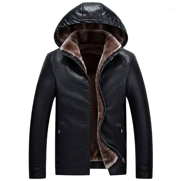 2019 autumn winter new casual hooded leather coat men1, Black