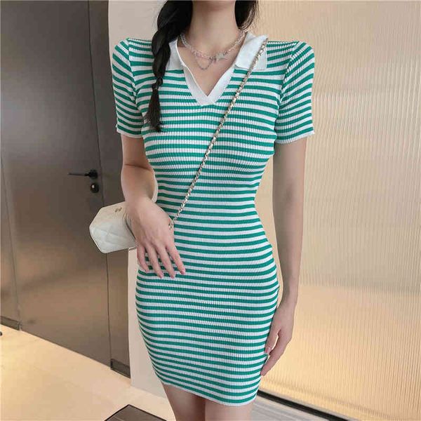 knit polo neck short sleeve striped korea women casual dresses skinny slim fit ladies bodycon casual mini dress, Black;gray