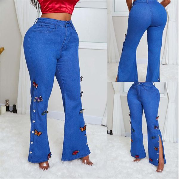 womens fashion split casual pants butterfly embroidery pattern women designer denim trousers loose flare jeans, Blue
womens fashion split casual pants butterfly embroidery pattern women designer denim trousers loose flare jeans, Blue