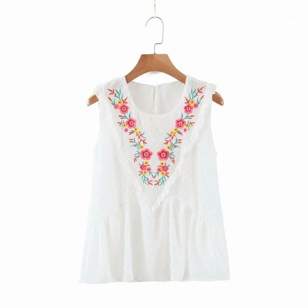 women summer sleeveless shirts o neck embroidered floral ruffles voile tank xz23791, White
women summer sleeveless shirts o neck embroidered floral ruffles voile tank xz23791, White