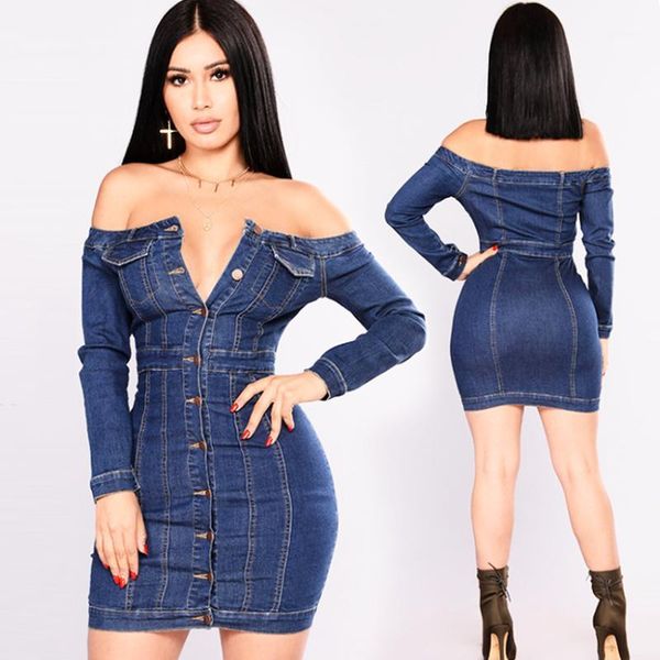 off shoulder denim summer bodycon dress long sleeves dress deep blue jeans plus size1, Black;gray
off shoulder denim summer bodycon dress long sleeves dress deep blue jeans plus size1, Black;gray