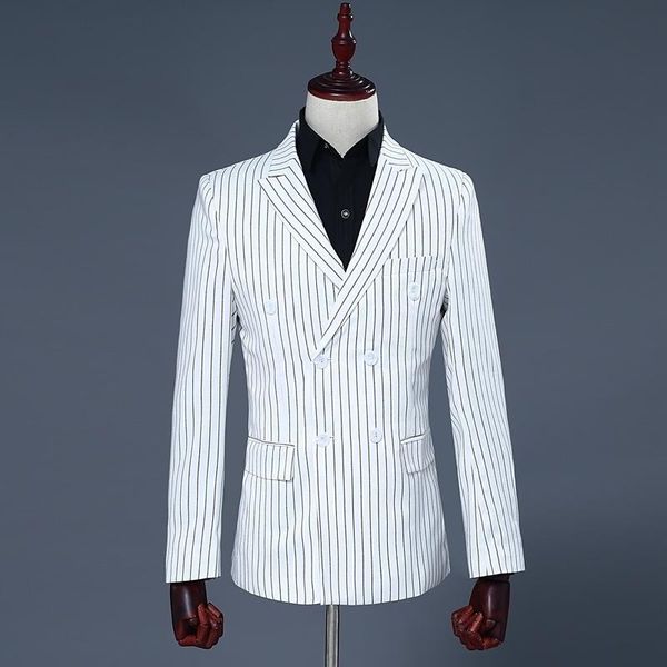 mens white double breasted blazer coat stripe pants two piece suit set male slim fit wedding party suits set s-2xl, White;black
mens white double breasted blazer coat stripe pants two piece suit set male slim fit wedding party suits set s-2xl, White;black