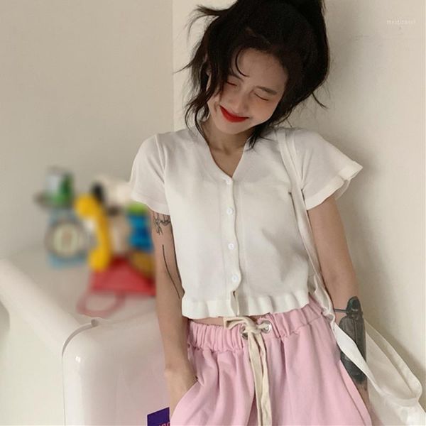women's crop fashion wild v-neck ruffled hem t shirt slim short-sleeved knitted t-shirt sweater1, White
women's crop fashion wild v-neck ruffled hem t shirt slim short-sleeved knitted t-shirt sweater1, White