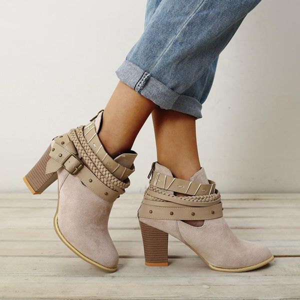 women suede short boots rivets buckle high heels ankle boots for ladies thick heel braided rope wintage female shoes 2021, Black
women suede short boots rivets buckle high heels ankle boots for ladies thick heel braided rope wintage female shoes 2021, Black