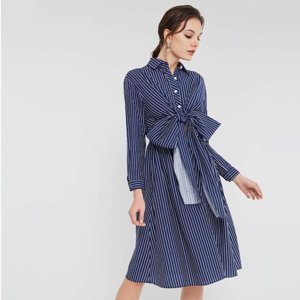 office dress women autumn korean fashion blue stripe elegant work shirt dresses long bow tie midi dresses robe vestiod 2021, Black;gray
office dress women autumn korean fashion blue stripe elegant work shirt dresses long bow tie midi dresses robe vestiod 2021, Black;gray