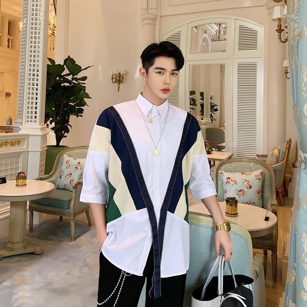 men fashion ribbons stripe spliced casual shirts male streetwear hip hop stage show harajuku dress shirt1, White;black
men fashion ribbons stripe spliced casual shirts male streetwear hip hop stage show harajuku dress shirt1, White;black