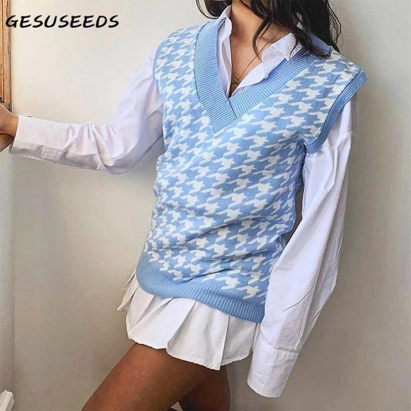 women's sweaters knit sweater women 2021 vintage vest fall sleeveless pullover korean v neck blue white houndstooth fashion, White;black
women's sweaters knit sweater women 2021 vintage vest fall sleeveless pullover korean v neck blue white houndstooth fashion, White;black