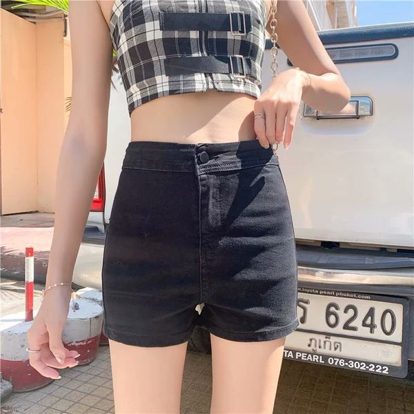 summer a high waist denim shorts slim and elastic, White;black