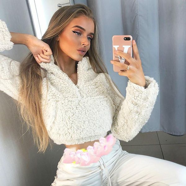 houzhou autumn sweatshirt women fashion 2020 short hoodie women long sleeve streetwear zipper pullover solid hoodies, Black
