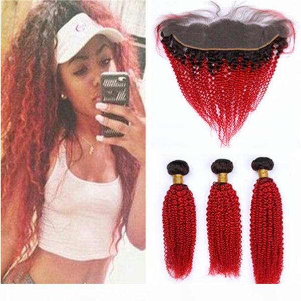 # 1b красный ombre kinky завитые человеческих волос 3 связки с кружевом фронтальным черный и ярко-красный ombre бразильского виргинские ткет, Black 
# 1b красный ombre kinky завитые человеческих волос 3 связки с кружевом фронтальным черный и ярко-красный ombre бразильского виргинские ткет, Black