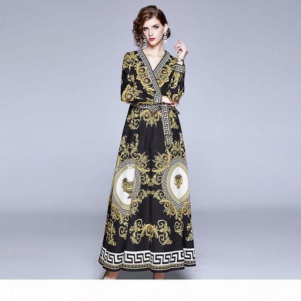 women dress european fashion vintage palace print black v neck waist tie loose cardigan autumn lady fashion dress
women dress european fashion vintage palace print black v neck waist tie loose cardigan autumn lady fashion dress