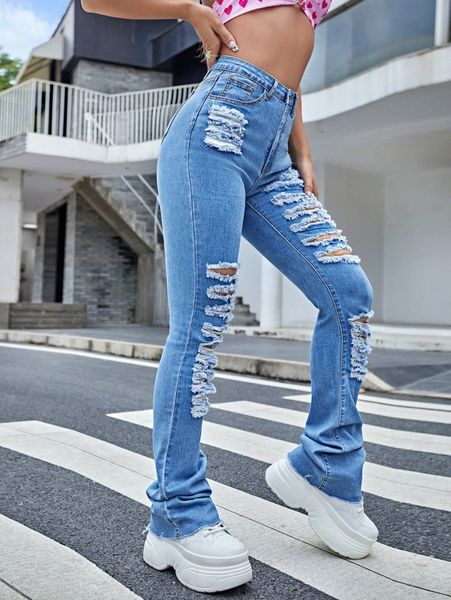 ripped raw hem jeans r2vg#, Blue