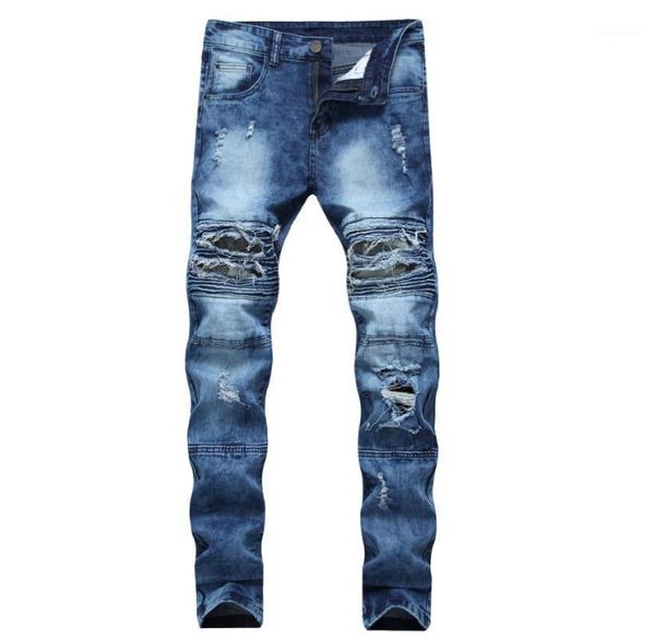 men's jeans men's fashion camouflage biker ripped pants with pathes designer pleated motorcycle denim trousers blue slim fit size1
men's jeans men's fashion camouflage biker ripped pants with pathes designer pleated motorcycle denim trousers blue slim fit size1