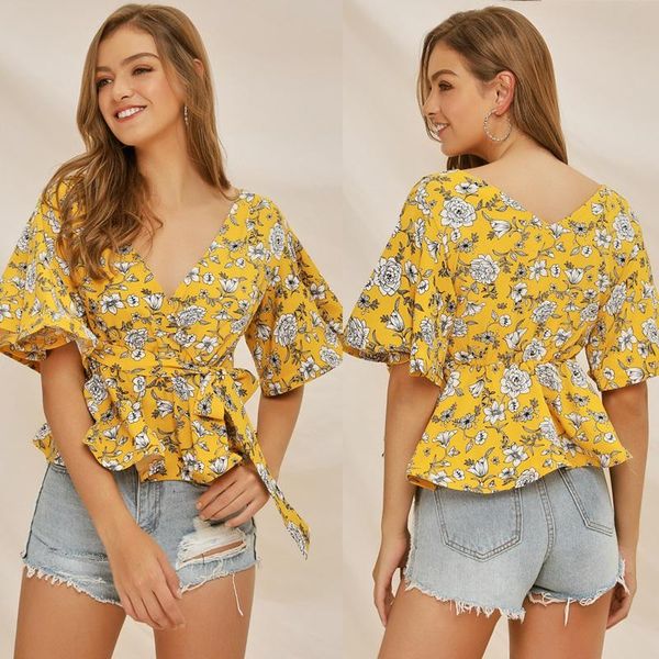 front tie blouse women casual boho v neck summer print short flare sleeve ruffles hem blouse yellow, White
front tie blouse women casual boho v neck summer print short flare sleeve ruffles hem blouse yellow, White