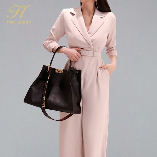 h han queen elegant belted waist business jumpsuits women new notched neck wide leg long playsuits casual work wear rompers y200422, Black;white
h han queen elegant belted waist business jumpsuits women new notched neck wide leg long playsuits casual work wear rompers y200422, Black;white