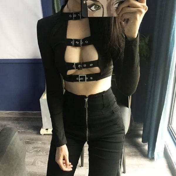 plus size gothic t-shirt women strap buckle front round neck slim long sleeve t shirt tumblr tee punk streetwear 201028, White
plus size gothic t-shirt women strap buckle front round neck slim long sleeve t shirt tumblr tee punk streetwear 201028, White