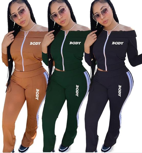 women designers clothes body letters off shoulder long sleeve zipper jacket pants embroidery two pieces outfits sports suits d102805, White
women designers clothes body letters off shoulder long sleeve zipper jacket pants embroidery two pieces outfits sports suits d102805, White