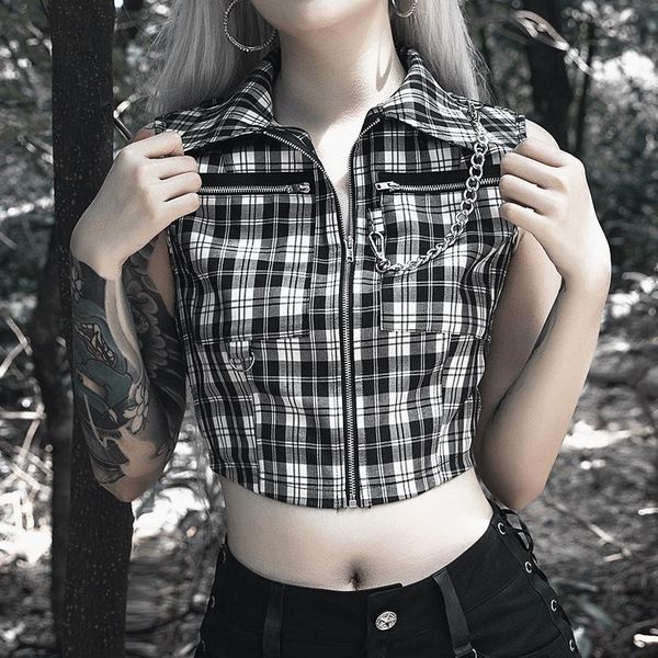 women's vests plaid coats women punk style gothic turn down collar chains shirt casual jackets 2021 zipper crop vest outerwear, Black;white
women's vests plaid coats women punk style gothic turn down collar chains shirt casual jackets 2021 zipper crop vest outerwear, Black;white