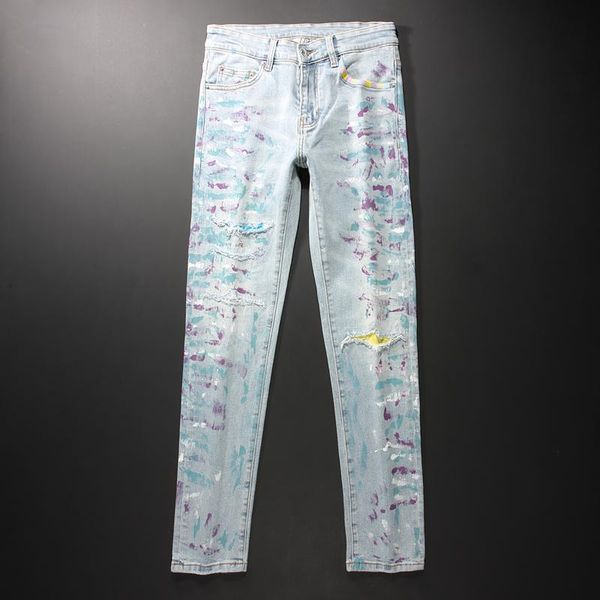 american streetwear fashion men jeans light blue painted designer elastic ripped denim punk pants slim fit hip hop trousers male
american streetwear fashion men jeans light blue painted designer elastic ripped denim punk pants slim fit hip hop trousers male