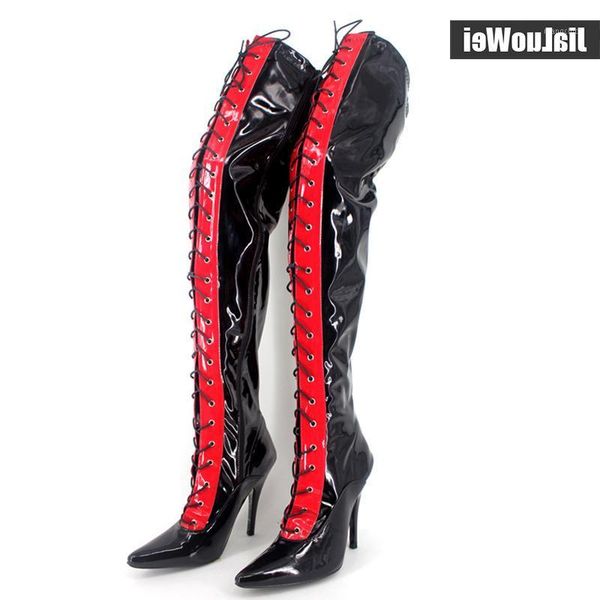 women's fashion fetish thin high heels patent leather pointed toe stiletto lace-up motorcycle over-the-knee thigh boots1, Black
women's fashion fetish thin high heels patent leather pointed toe stiletto lace-up motorcycle over-the-knee thigh boots1, Black
