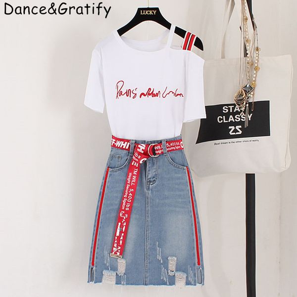 2020 new summer fashion women's chic sets letter embroidery short sleeve cotton tshirt + hole denim skirts students 2 piece suit t20070, White
2020 new summer fashion women's chic sets letter embroidery short sleeve cotton tshirt + hole denim skirts students 2 piece suit t20070, White